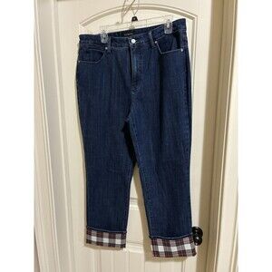 Talbots Dark Wash Straight Jeans with Red Plaid Cuffs Size 14